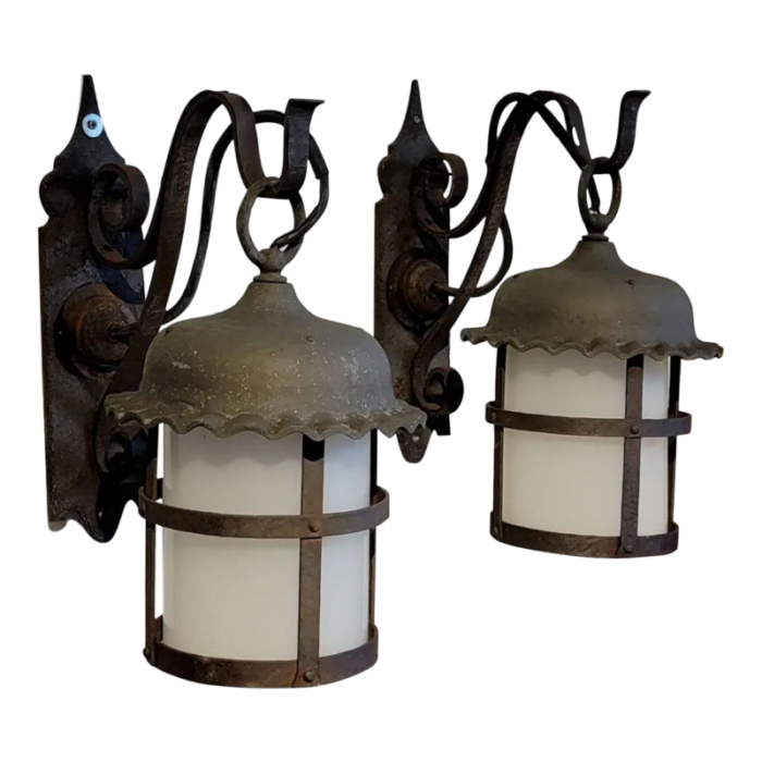 pair american lafayette hughes mansion exterior wrought iron one light lantern sconces 1483