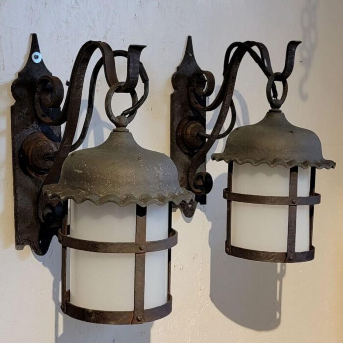 pair american lafayette hughes mansion exterior wrought iron one light lantern sconces 4373