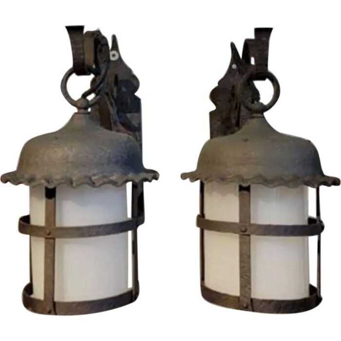 pair american lafayette hughes mansion exterior wrought iron one light lantern sconces 8148