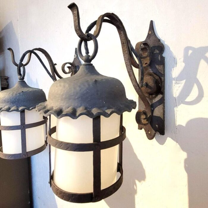 pair american lafayette hughes mansion exterior wrought iron one light lantern sconces 8450