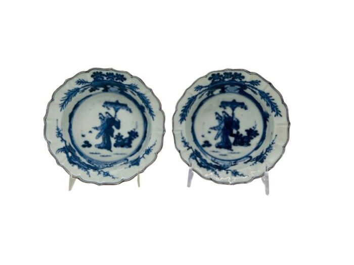 pair antique chinese blue and white porcelain figural cabinet plates 4599