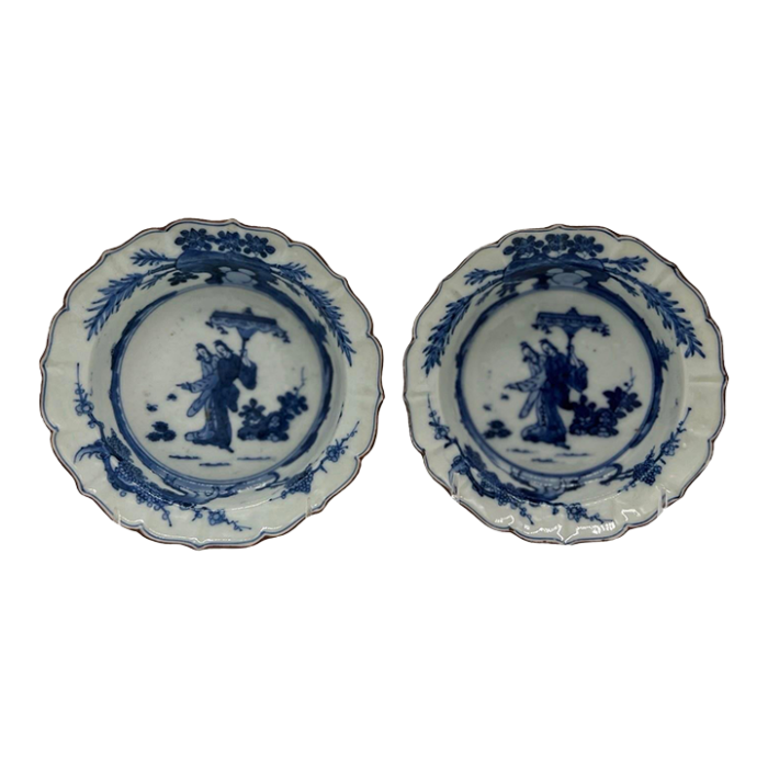 pair antique chinese blue and white porcelain figural cabinet plates 6630