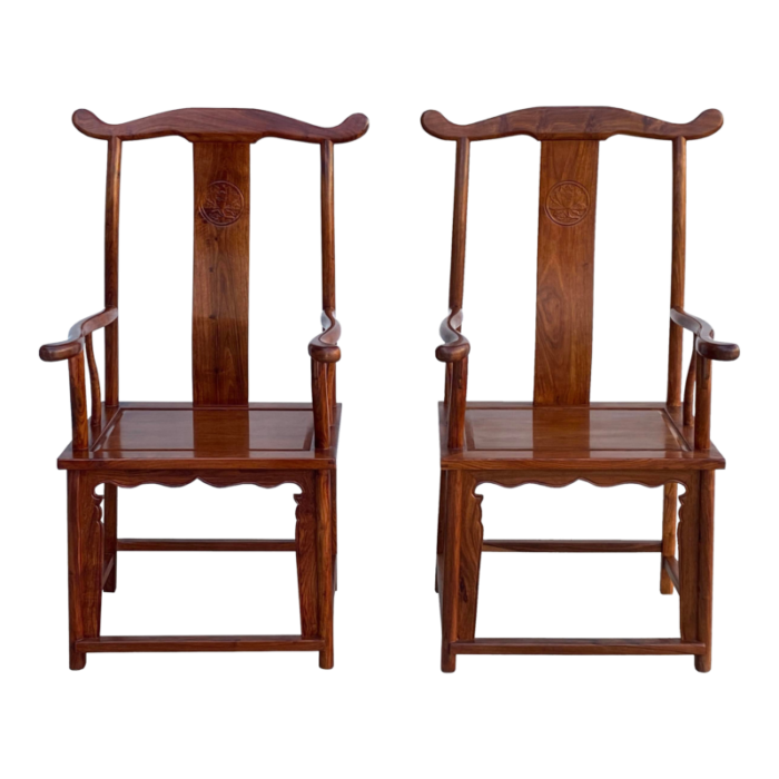 pair chinese natural wood copper brown stain yoke back armchairs 3015