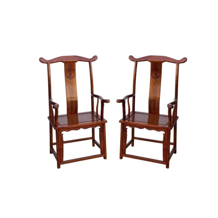 pair chinese natural wood copper brown stain yoke back armchairs 7414