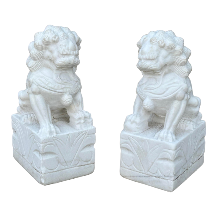 pair chinese white marble stone fengshui foo dogs lions statue 0755