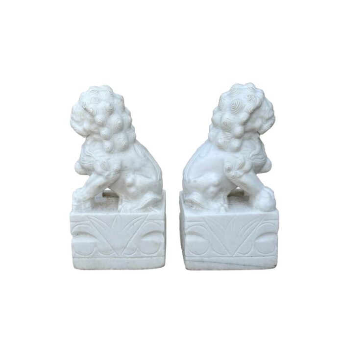 pair chinese white marble stone fengshui foo dogs lions statue 3003