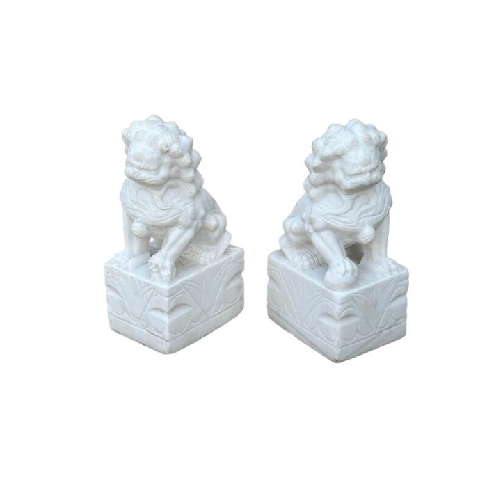 pair chinese white marble stone fengshui foo dogs lions statue 3334