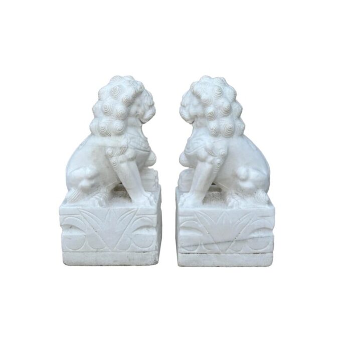 pair chinese white marble stone fengshui foo dogs lions statue 5744