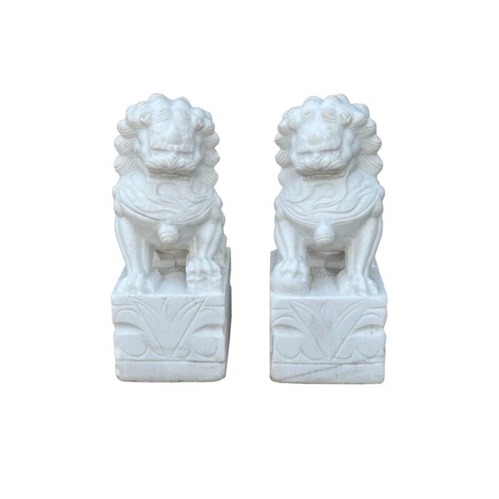 pair chinese white marble stone fengshui foo dogs lions statue 7396