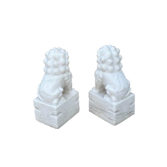 pair chinese white marble stone fengshui foo dogs lions statue 9406