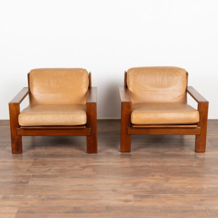 pair mid century camel leather arm chairs denmark circa 1960 0448