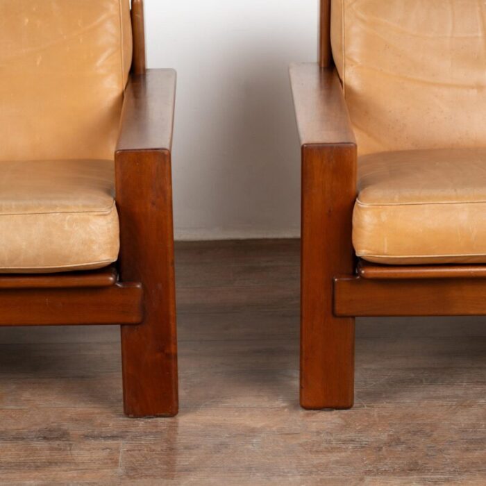 pair mid century camel leather arm chairs denmark circa 1960 9894