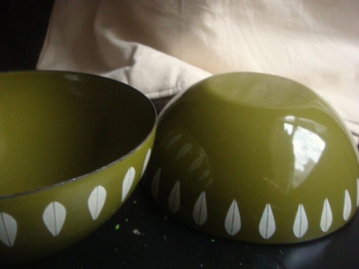 pair of 1960s catherineholm olive green lotus enamel bowls 1193