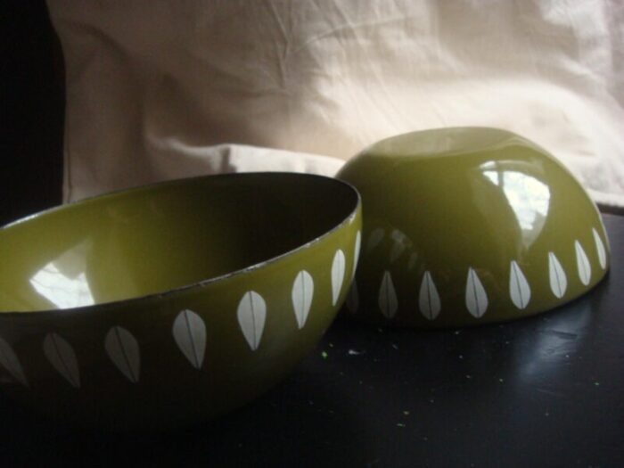 pair of 1960s catherineholm olive green lotus enamel bowls 3184