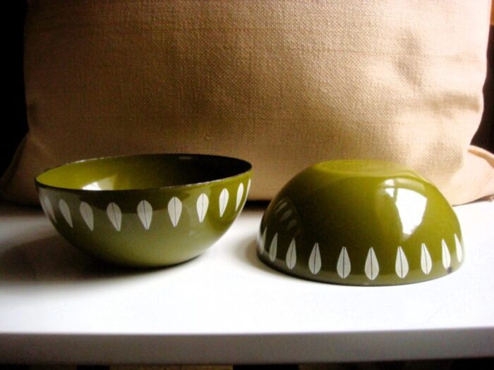 pair of 1960s catherineholm olive green lotus enamel bowls 6177