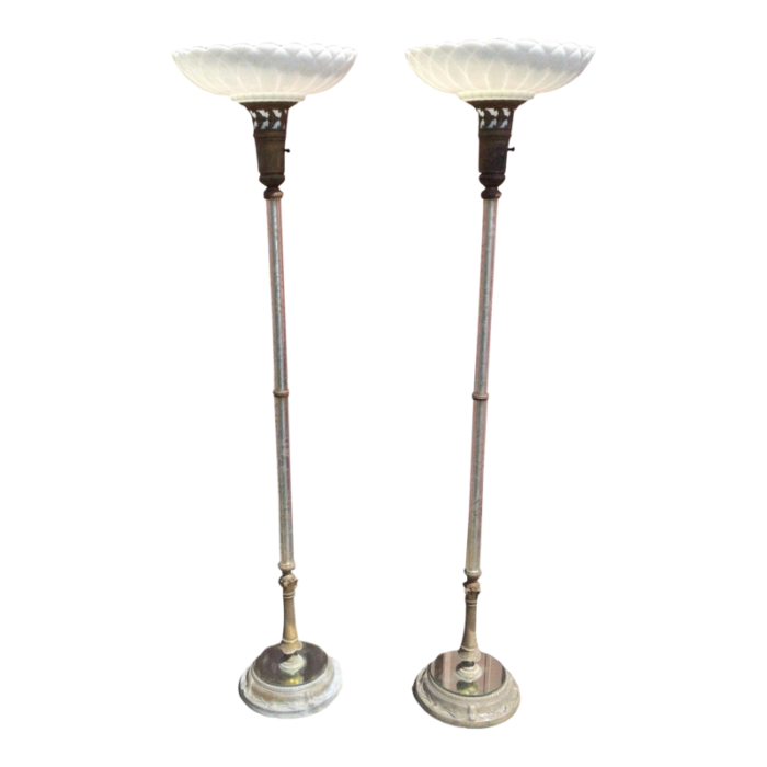 pair of antique torchiere floor lamps opalescent large milk glass shades clear columns with etched grape and vines 1920s 9287