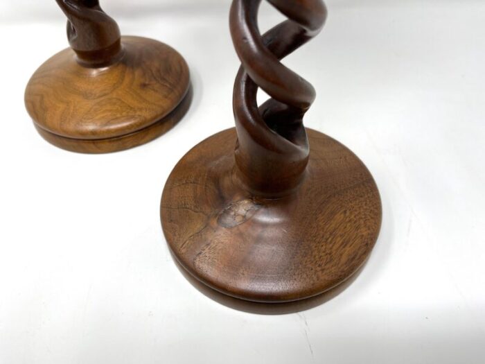 pair of early 20th century hand carved wood barley twist candlesticks 2685