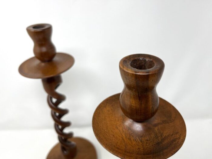 pair of early 20th century hand carved wood barley twist candlesticks 3230