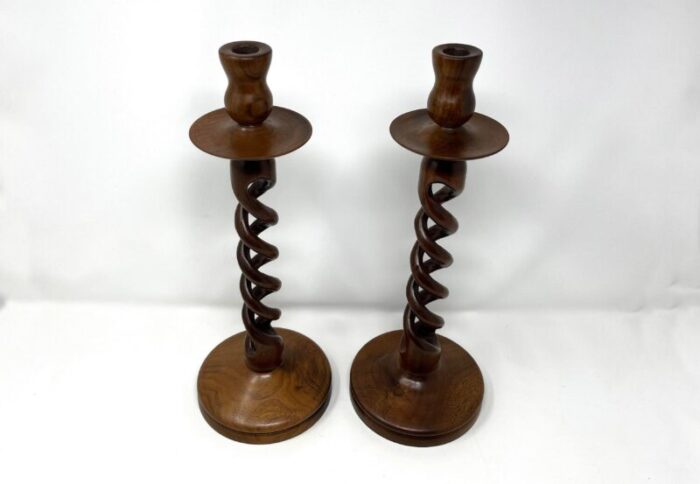 pair of early 20th century hand carved wood barley twist candlesticks 7512