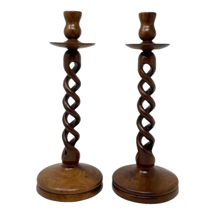 pair of early 20th century hand carved wood barley twist candlesticks 7808