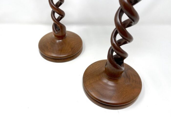 pair of early 20th century hand carved wood barley twist candlesticks 9572