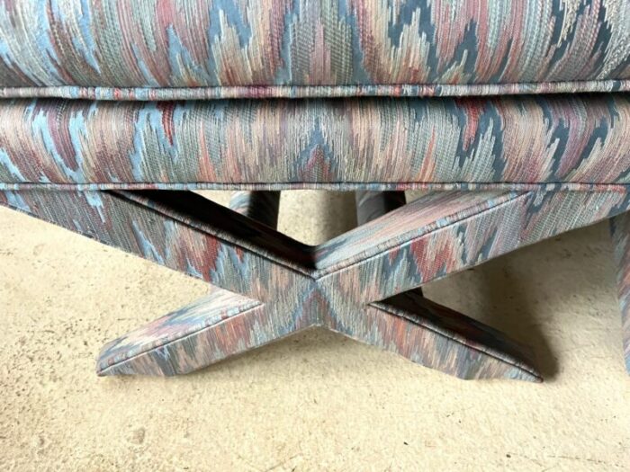 pair of light blue flame stitch x base billy baldwin mid century modern benches 0110