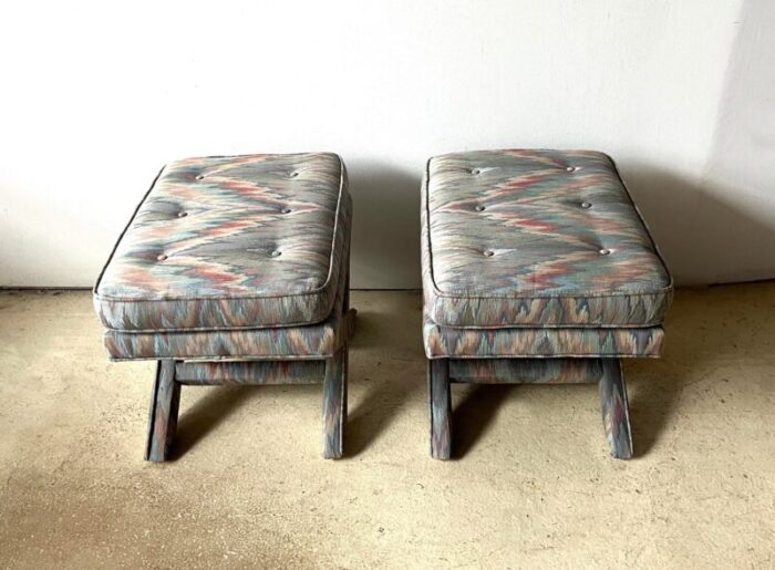 pair of light blue flame stitch x base billy baldwin mid century modern benches 2273