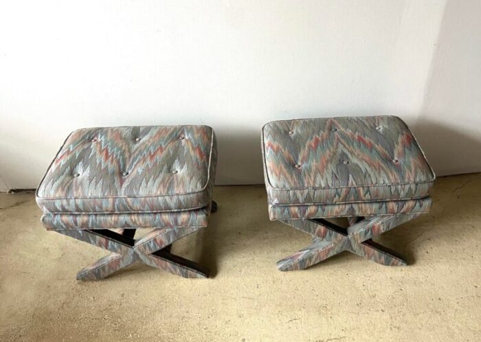 pair of light blue flame stitch x base billy baldwin mid century modern benches 8575