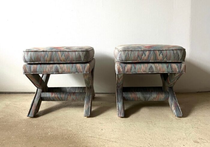 pair of light blue flame stitch x base billy baldwin mid century modern benches 9406