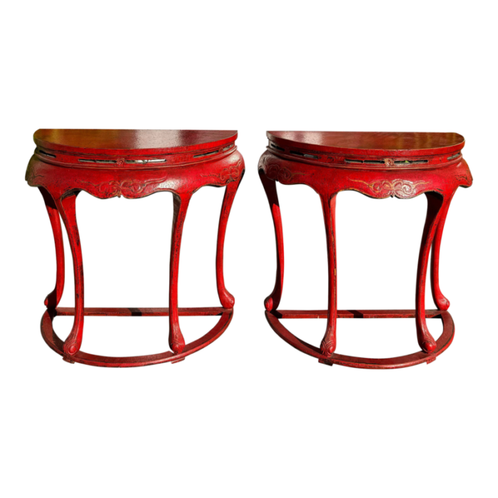 pair of ming style red chinoiserie console tables or center table 4837