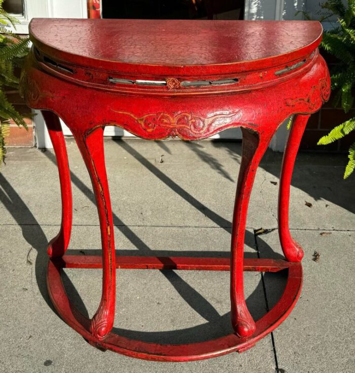 pair of ming style red chinoiserie console tables or center table 8207