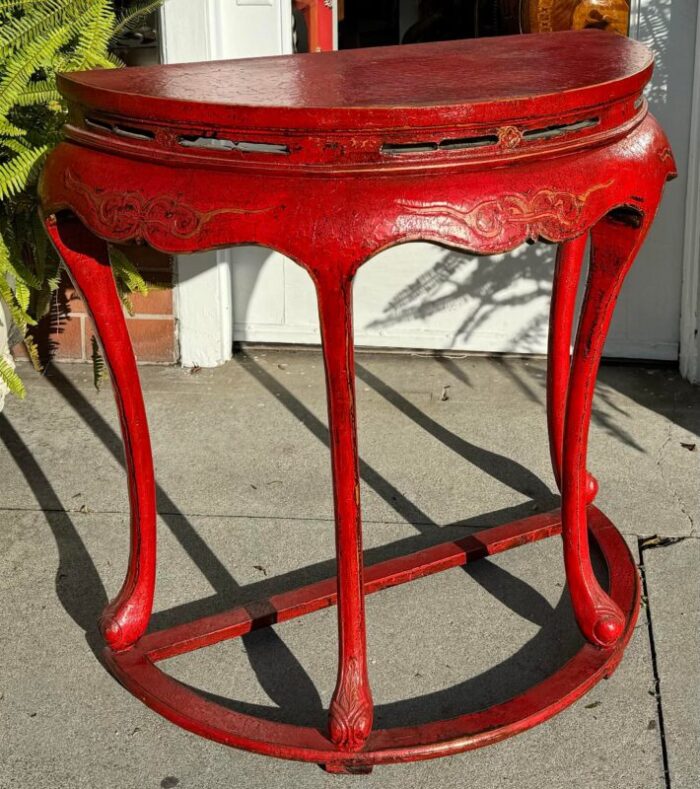 pair of ming style red chinoiserie console tables or center table 8356