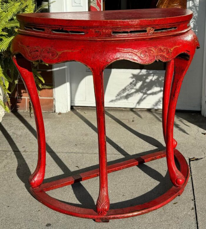 pair of ming style red chinoiserie console tables or center table 8635