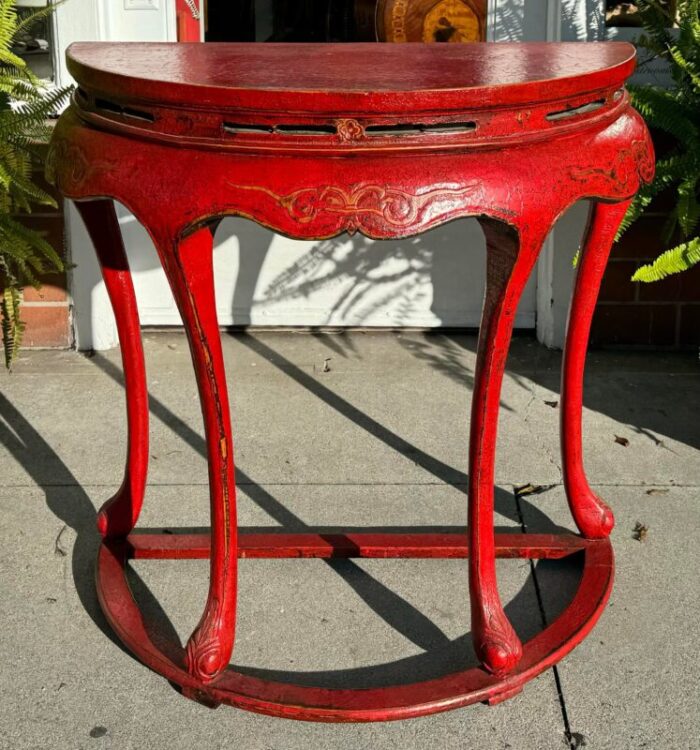 pair of ming style red chinoiserie console tables or center table 8724