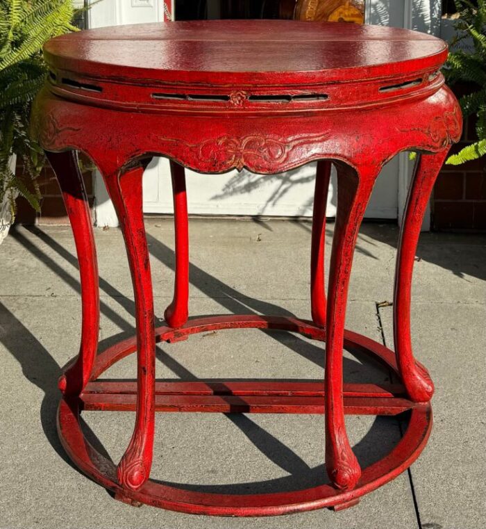 pair of ming style red chinoiserie console tables or center table 9595