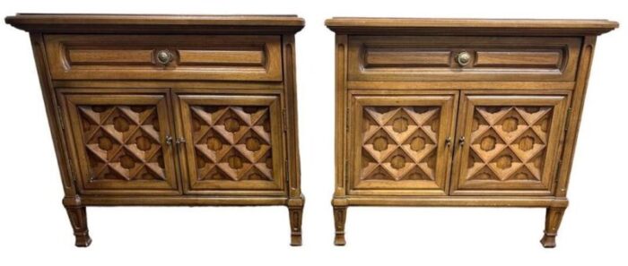 pair of thomasville spanish revival pecan wood nightstands or side tables made in 1964 2591