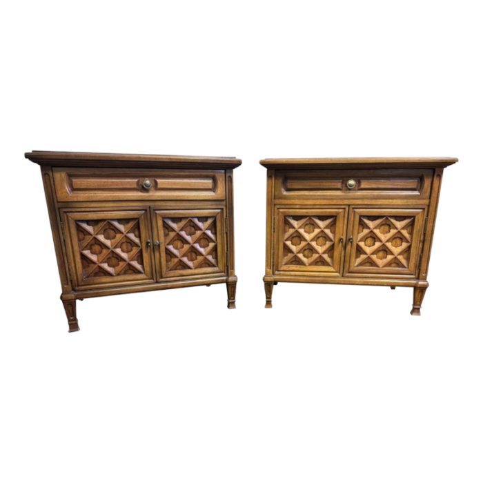 pair of thomasville spanish revival pecan wood nightstands or side tables made in 1964 4309