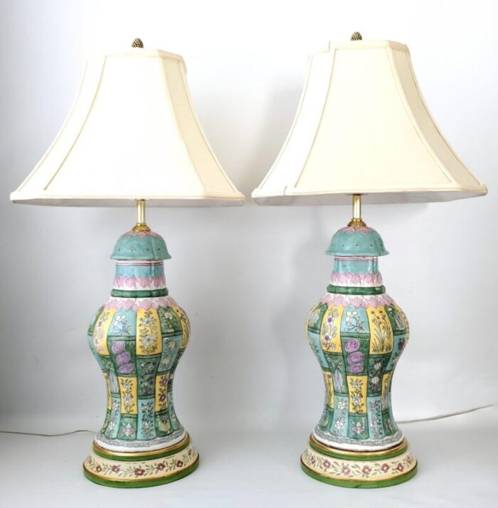 pair of vintage chinese porcelain ceramic table lamps baluster shaped with heavy famille rose glaze and hand painted wood bases restored 5661