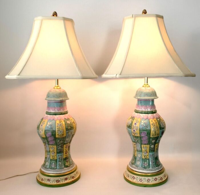 pair of vintage chinese porcelain ceramic table lamps baluster shaped with heavy famille rose glaze and hand painted wood bases restored 6854