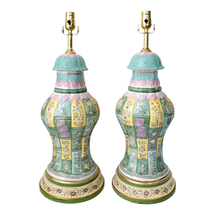 pair of vintage chinese porcelain ceramic table lamps baluster shaped with heavy famille rose glaze and hand painted wood bases restored 9361