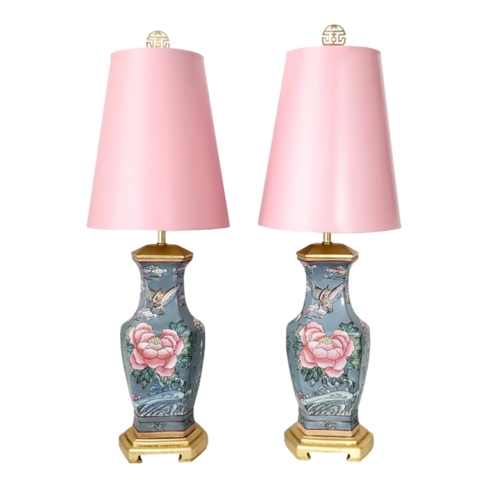 pair vintage chinese porcelain table lamps completely restored with painted pink shades and finials and gold leaf bases 3856