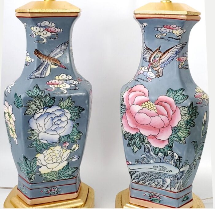 pair vintage chinese porcelain table lamps completely restored with painted pink shades and finials and gold leaf bases 4760