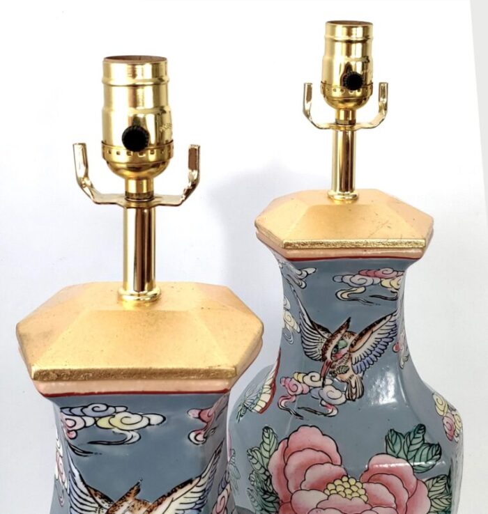 pair vintage chinese porcelain table lamps completely restored with painted pink shades and finials and gold leaf bases 7349