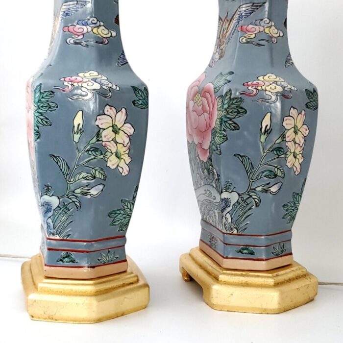 pair vintage chinese porcelain table lamps completely restored with painted pink shades and finials and gold leaf bases 9219