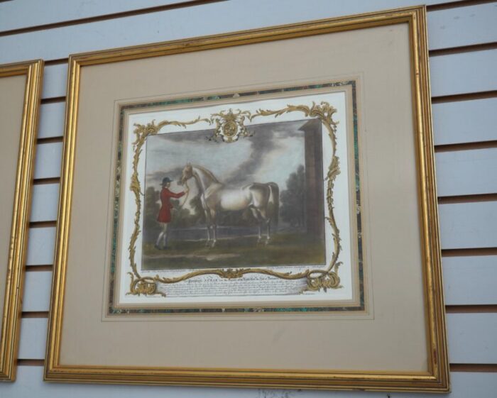 pair vintage gold framed and matted horse prints 0195