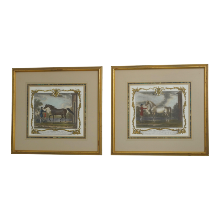 pair vintage gold framed and matted horse prints 3029