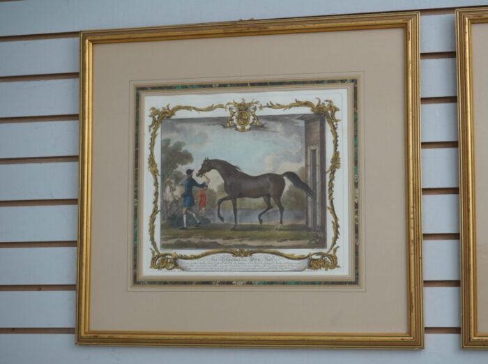 pair vintage gold framed and matted horse prints 8067