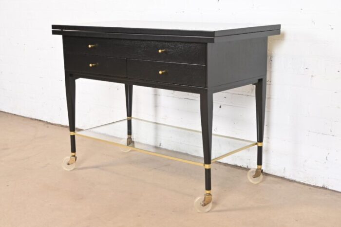 paul mccobb for directional mid century modern black lacquered flip top server bar cart newly refinished 4439