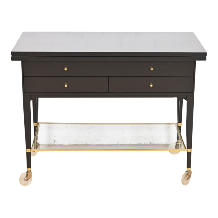 paul mccobb for directional mid century modern black lacquered flip top server bar cart newly refinished 5606