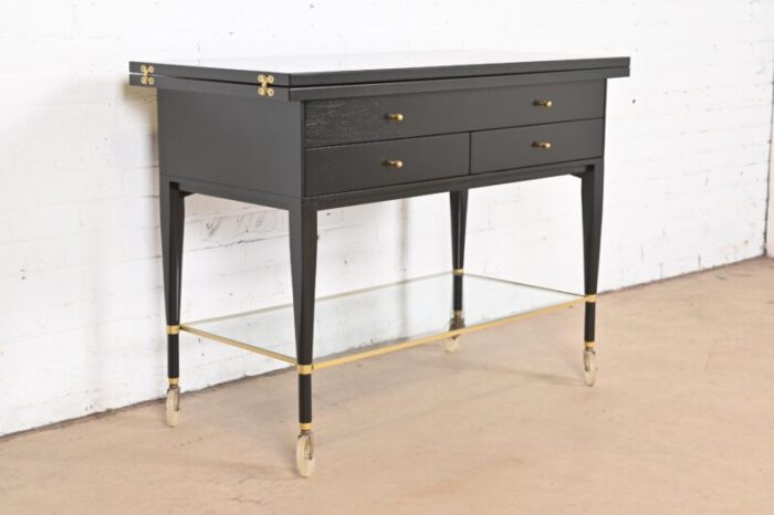 paul mccobb for directional mid century modern black lacquered flip top server bar cart newly refinished 6893